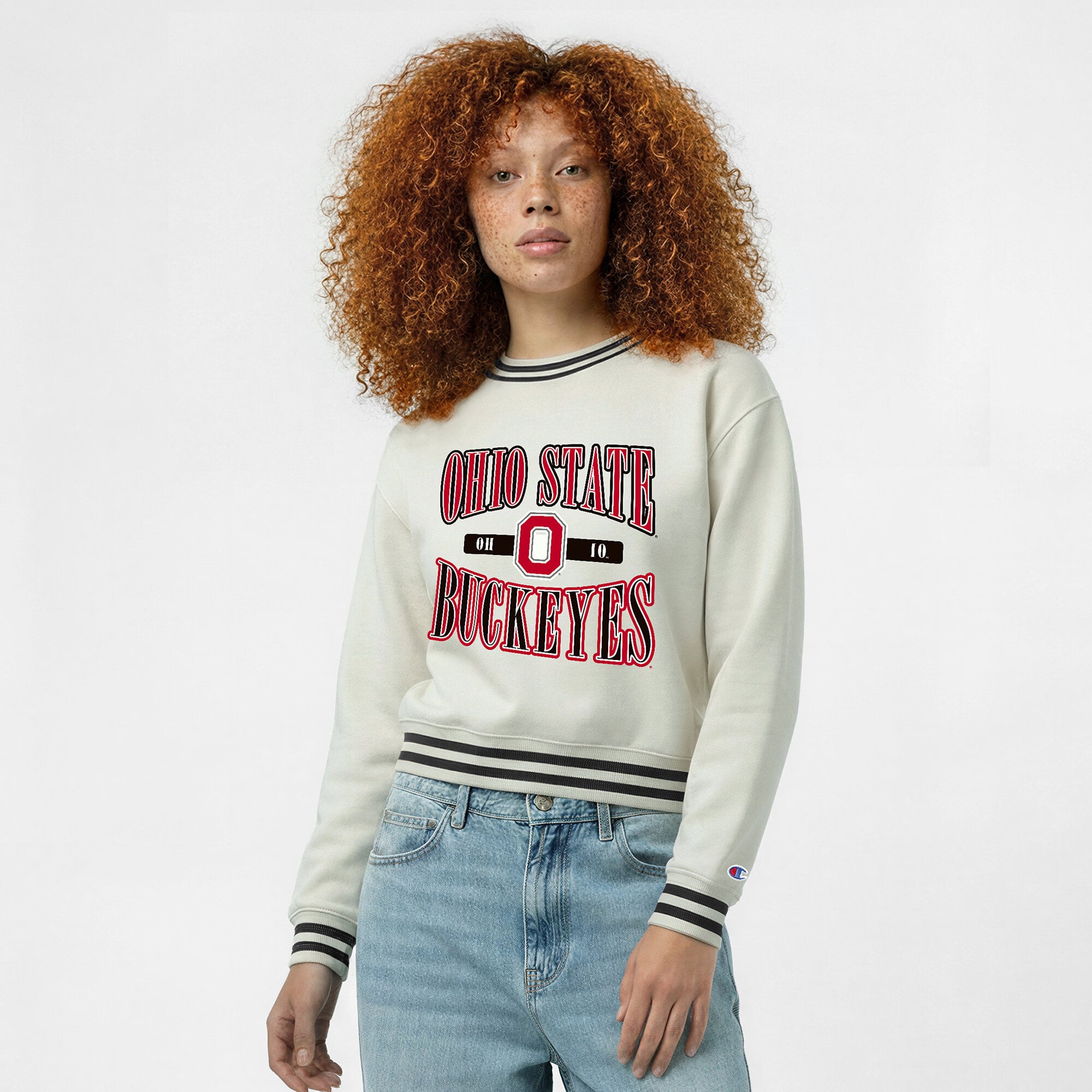 Women's Champion White Ohio State Buckeyes Yarn Dye Rib Reverse Weave Crew Sweatshirt